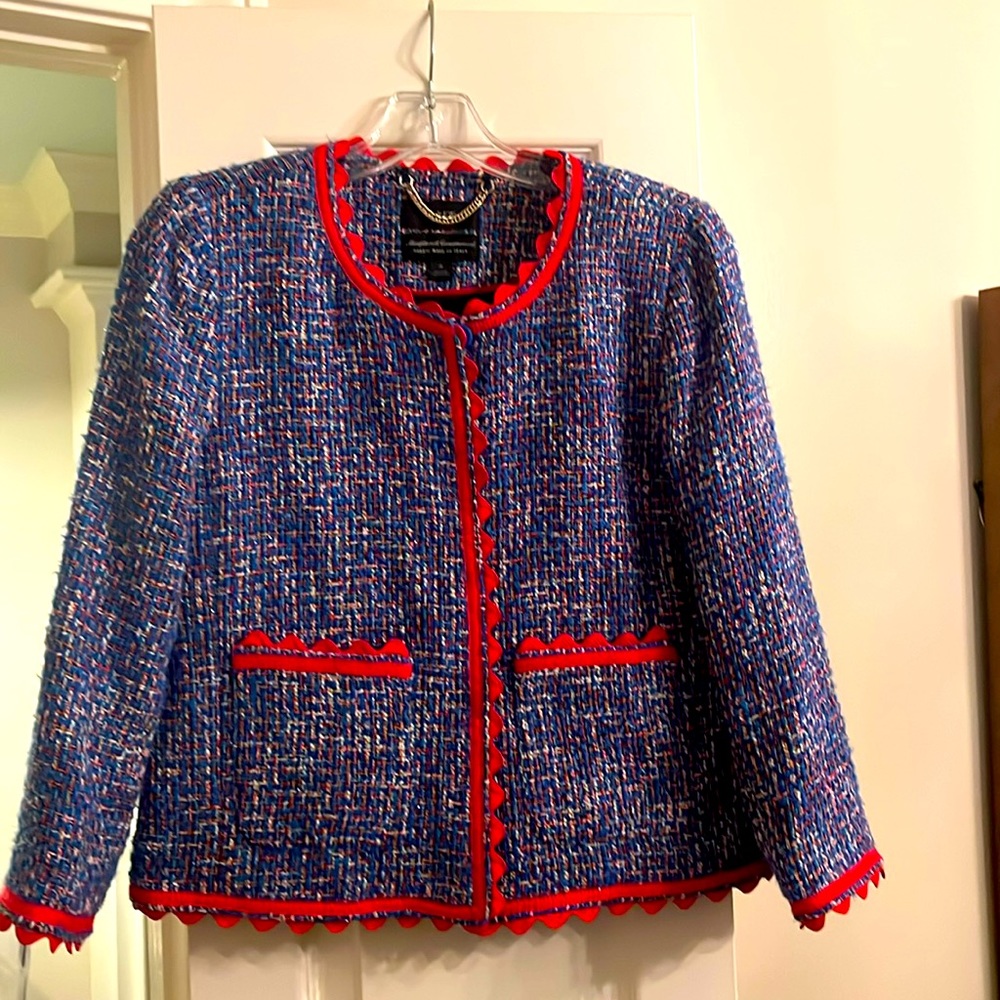 EUC J.Crew Sz 4 blue colorful ¾ sleeve blazer with red grosgrain trim